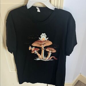 Black T-Shirt with Mushroom and Frog Design